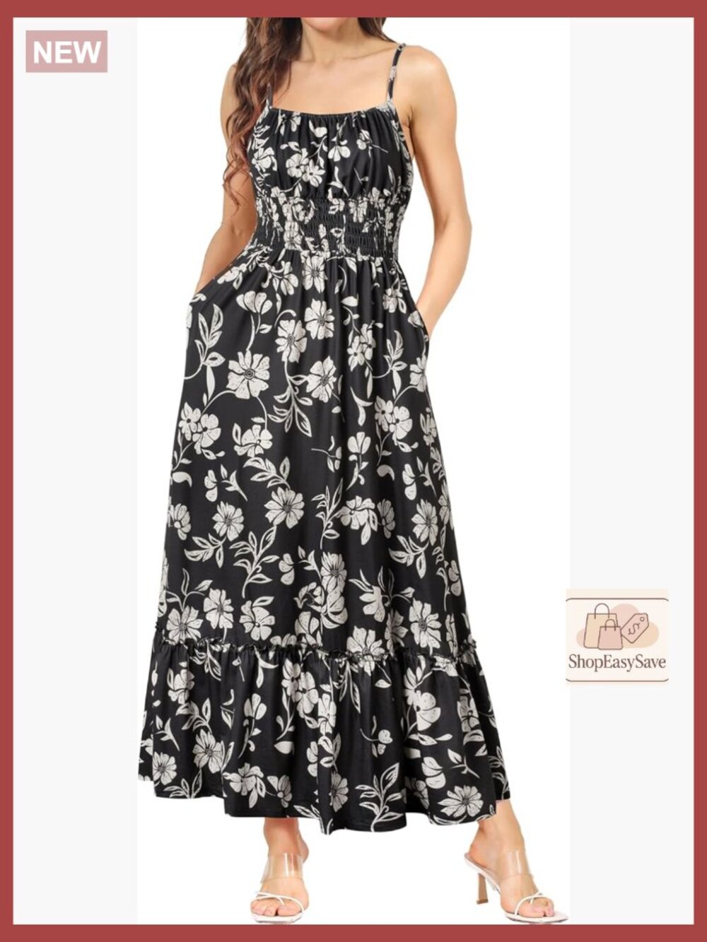 Boho Maxi Dress Smocked Waist Floral Square Neck Sleeveless with Pockets